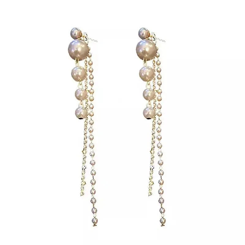 Romantic Pearl Zircon Long Tassel Earrings (2-in-1) | Salty