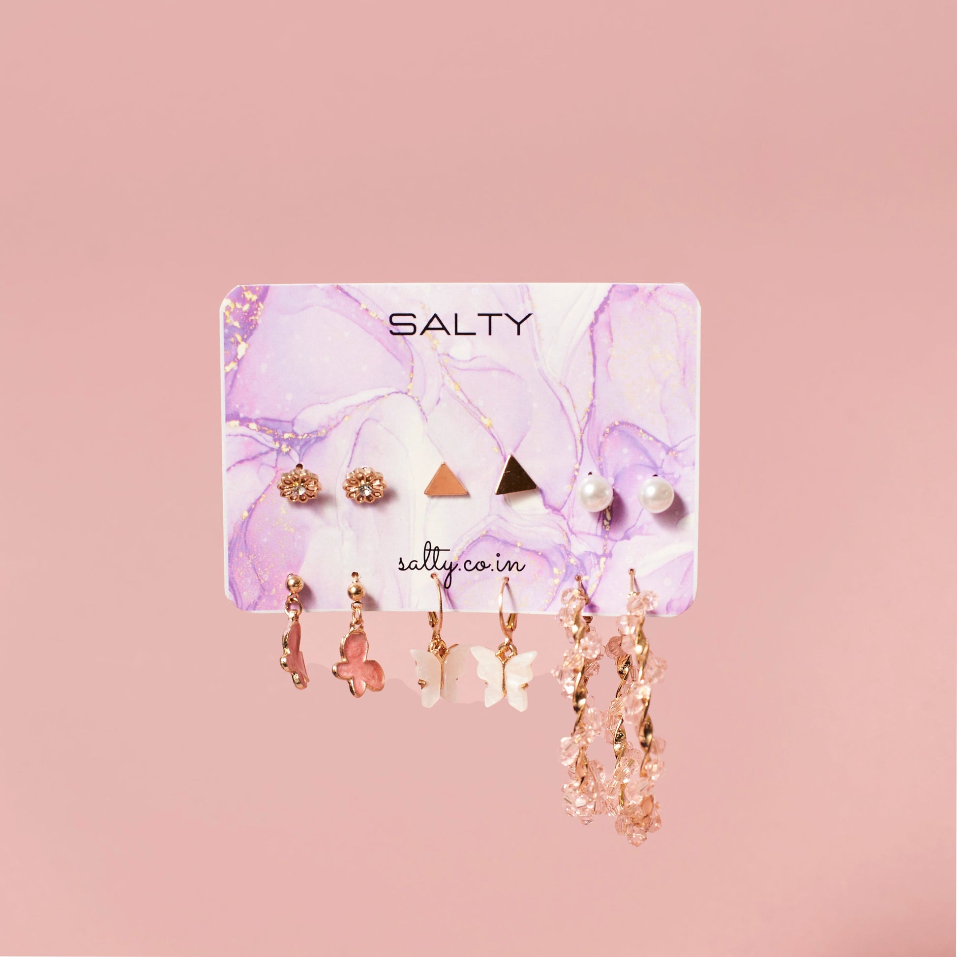 Set of 6 Pink Hoops and Butterfly Earrings and Studs Salty