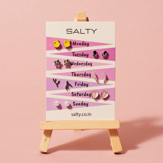 "Happiness" Weekly 7 Stud Earrings Set Salty