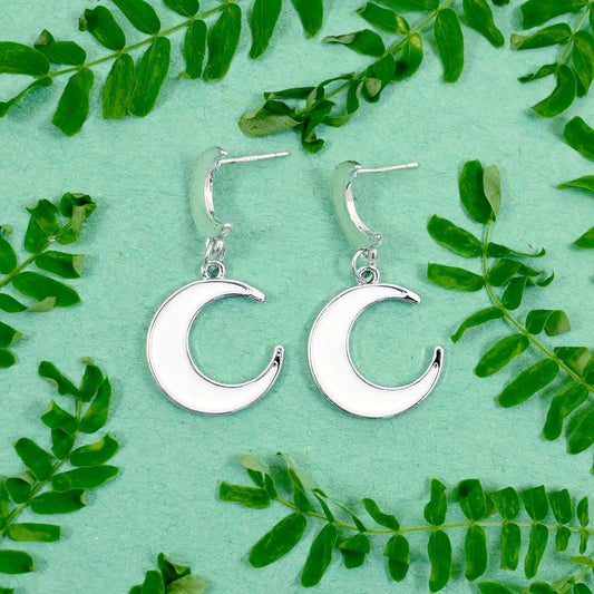 Satellite Silver Crescent White Earrings