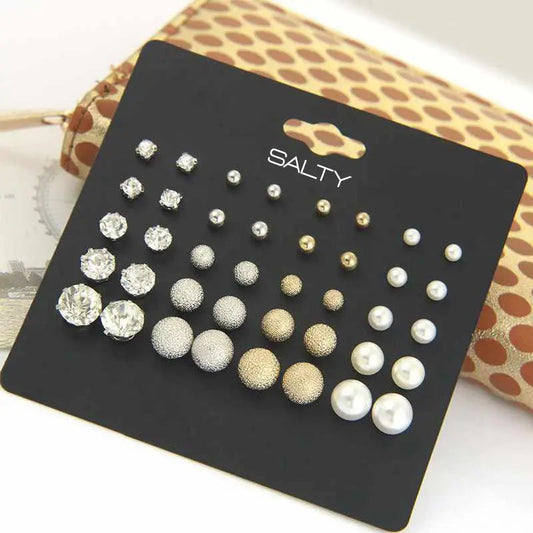Set of 20 Pearl, Zircon and Frosted Beads Stud Earrings