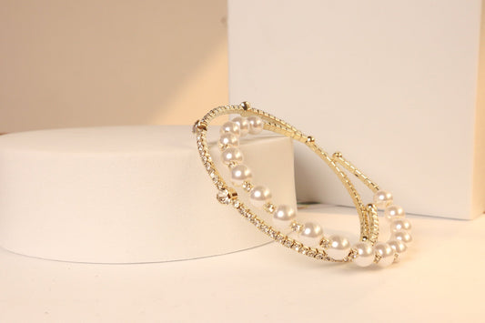 Set of 2 pearls and zircon bracelet- Golden