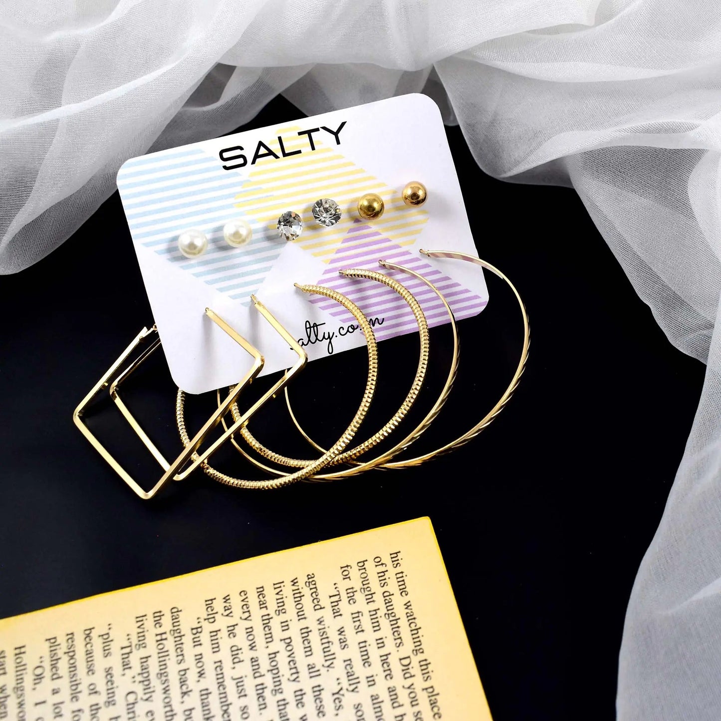 Set of 6 Gold Textured Classy Diamond Hoops with Studs