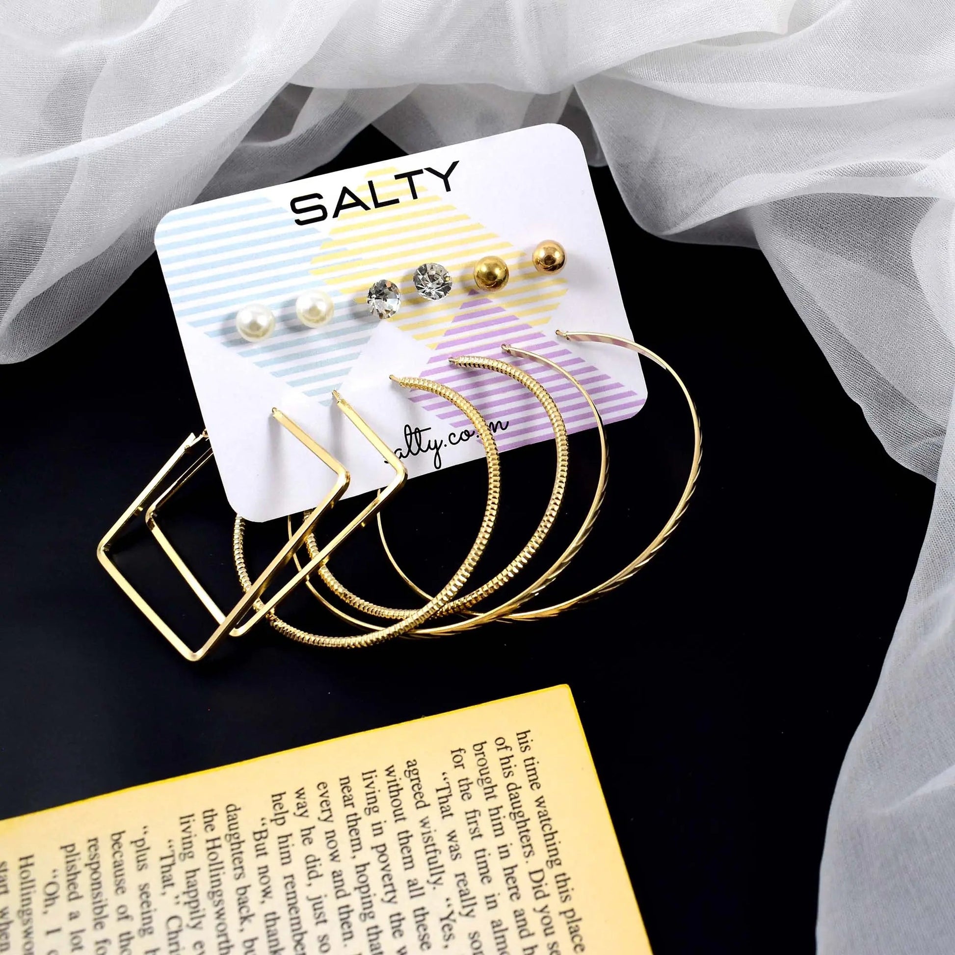 Set of 6 Gold Textured Classy Diamond Hoops with Studs