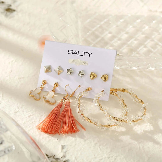 Set of 6 Orange Tassel Creative Dangler Simple Retro Earrings and Studs