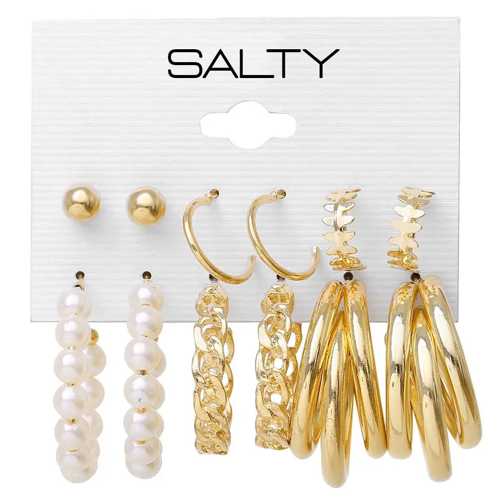 Set of 6 Quirky Minimalist Gold Pearl Hoops and Cuffs