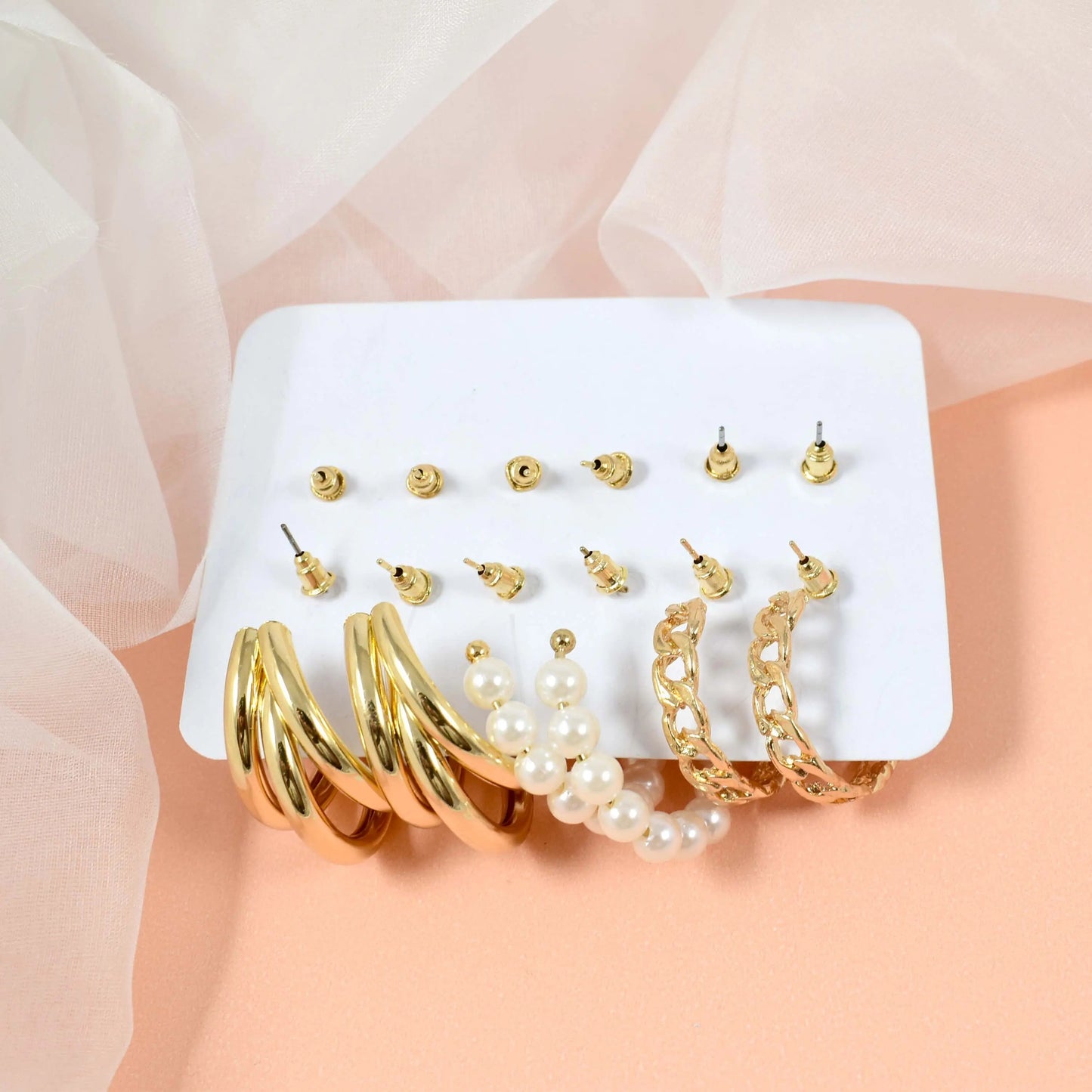 Set of 6 Quirky Minimalist Gold Pearl Hoops and Cuffs