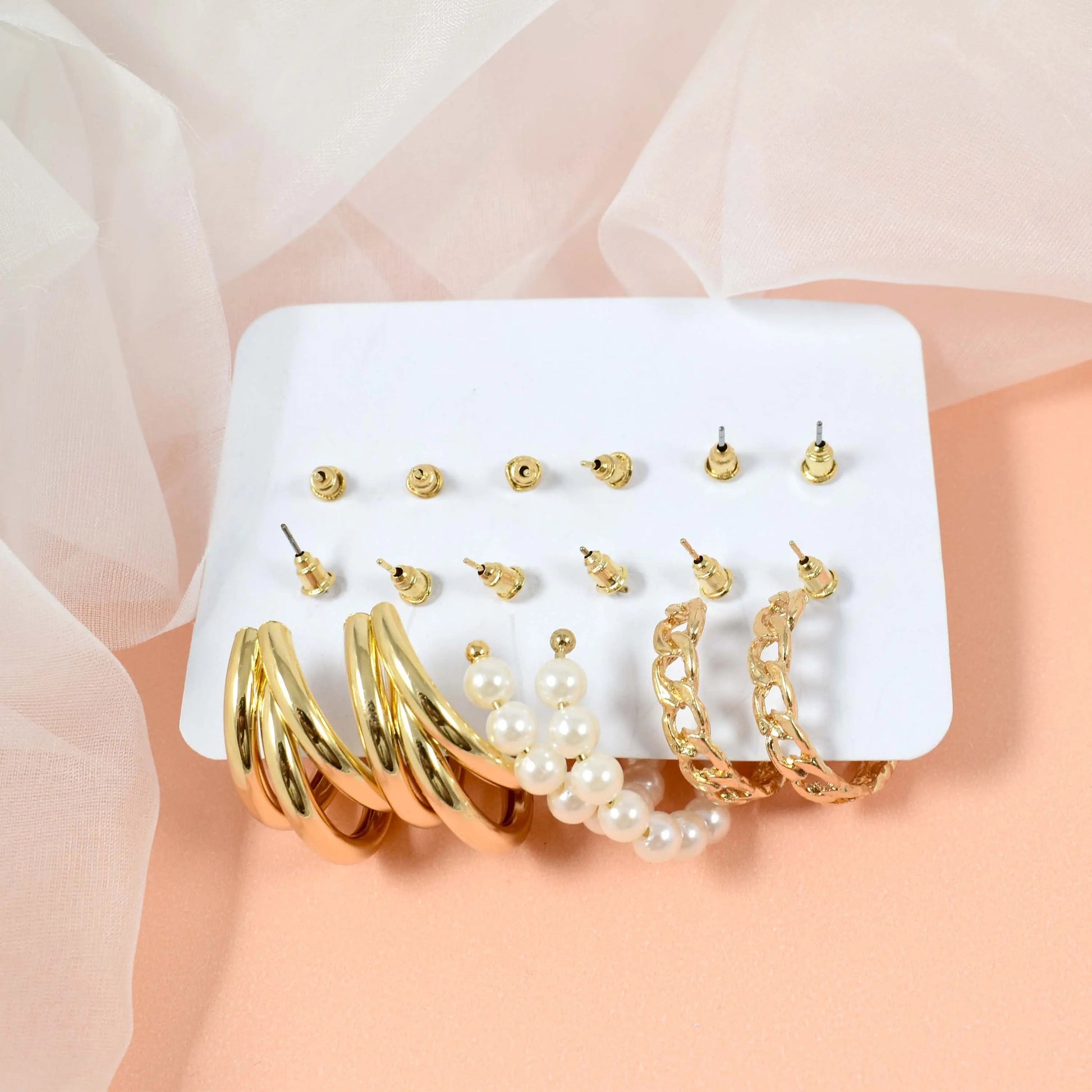 Set of 6 Quirky Minimalist Gold Pearl Hoops and Cuffs