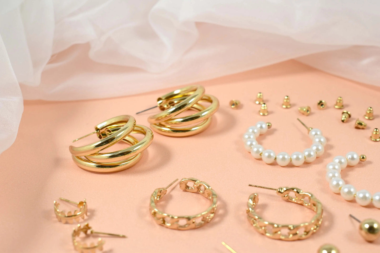 Set of 6 Quirky Minimalist Gold Pearl Hoops and Cuffs