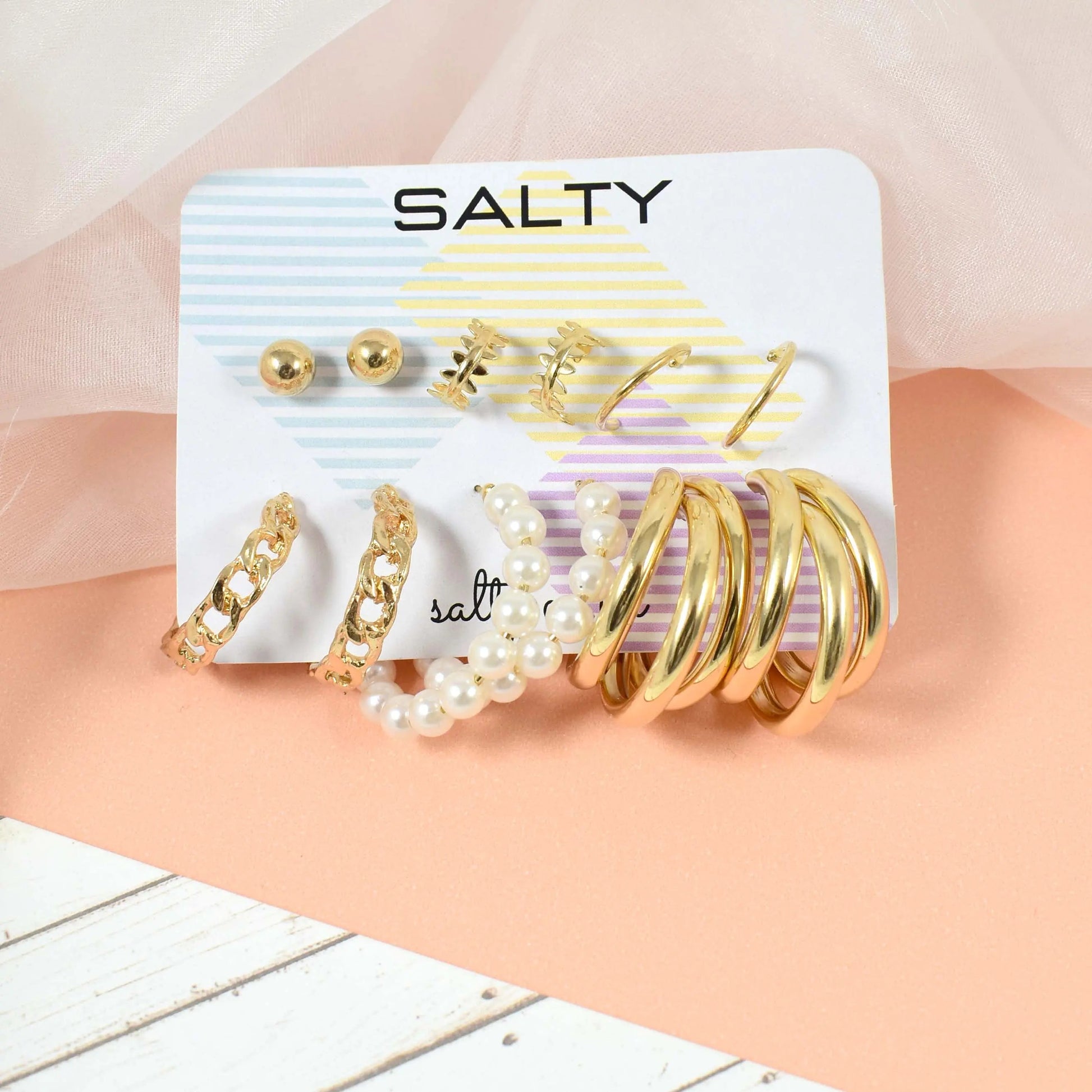 Set of 6 Quirky Minimalist Gold Pearl Hoops and Cuffs