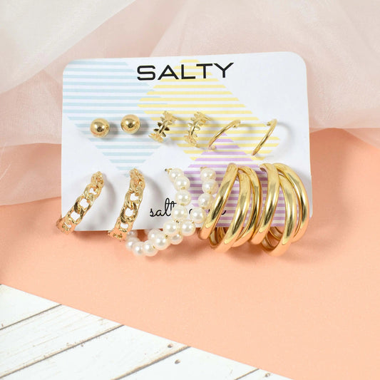 Set of 6 Quirky Minimalist Gold Pearl Hoops and Cuffs