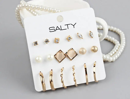 Set of 9 Gold Huggie Hoop Earrings and Studs