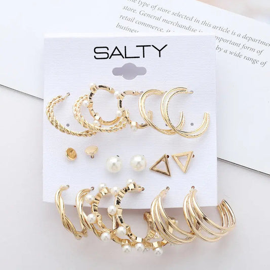 Set of 9 Gold Personality Pearl Gold Plated Vintage Hoops and Studs