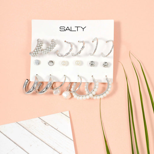 Set of 9 Silver Chunky Real Freshwater Pearl Hoops and Studs