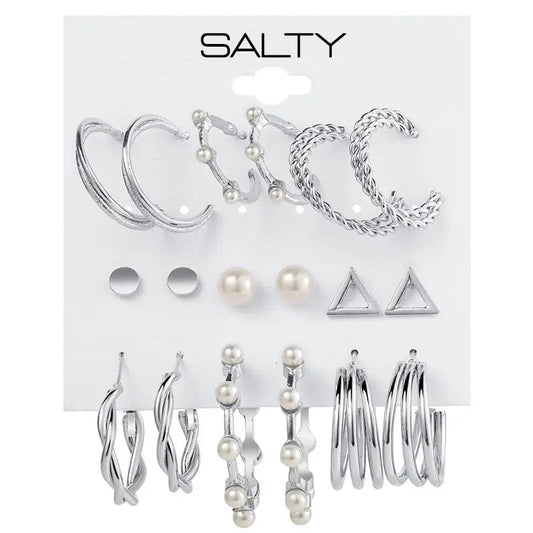 Set of 9 Silver Personality Pearl Silver Plated Vintage Hoops and Studs