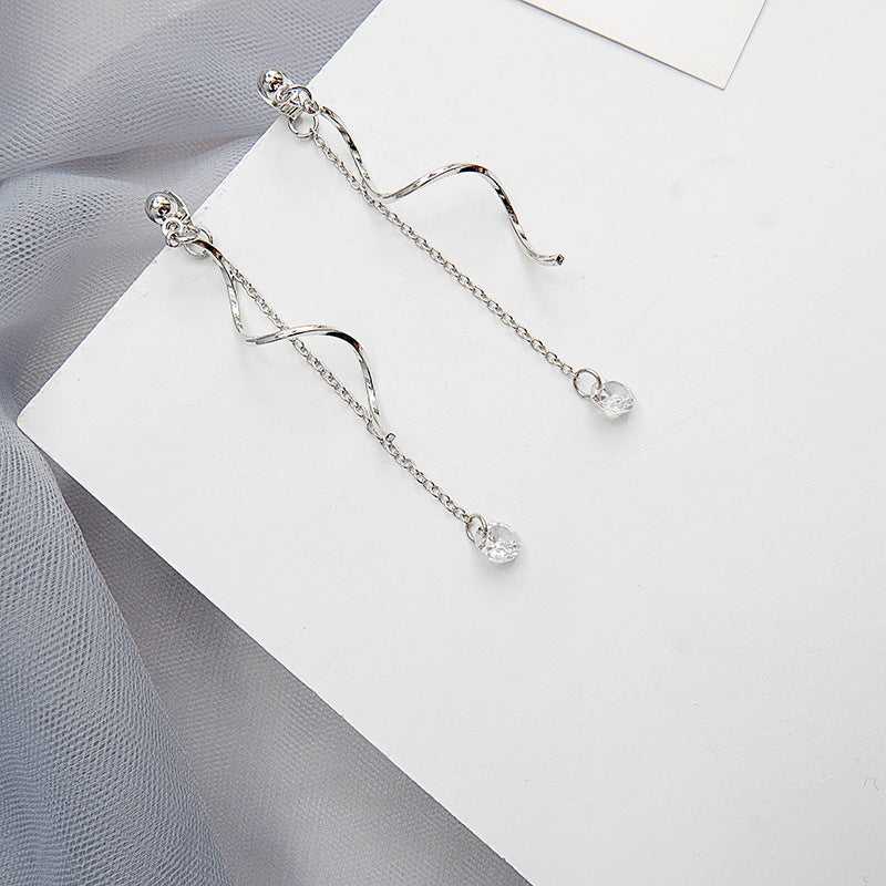 Silver Simple Wave Tassel Zircon Line Threader Earrings