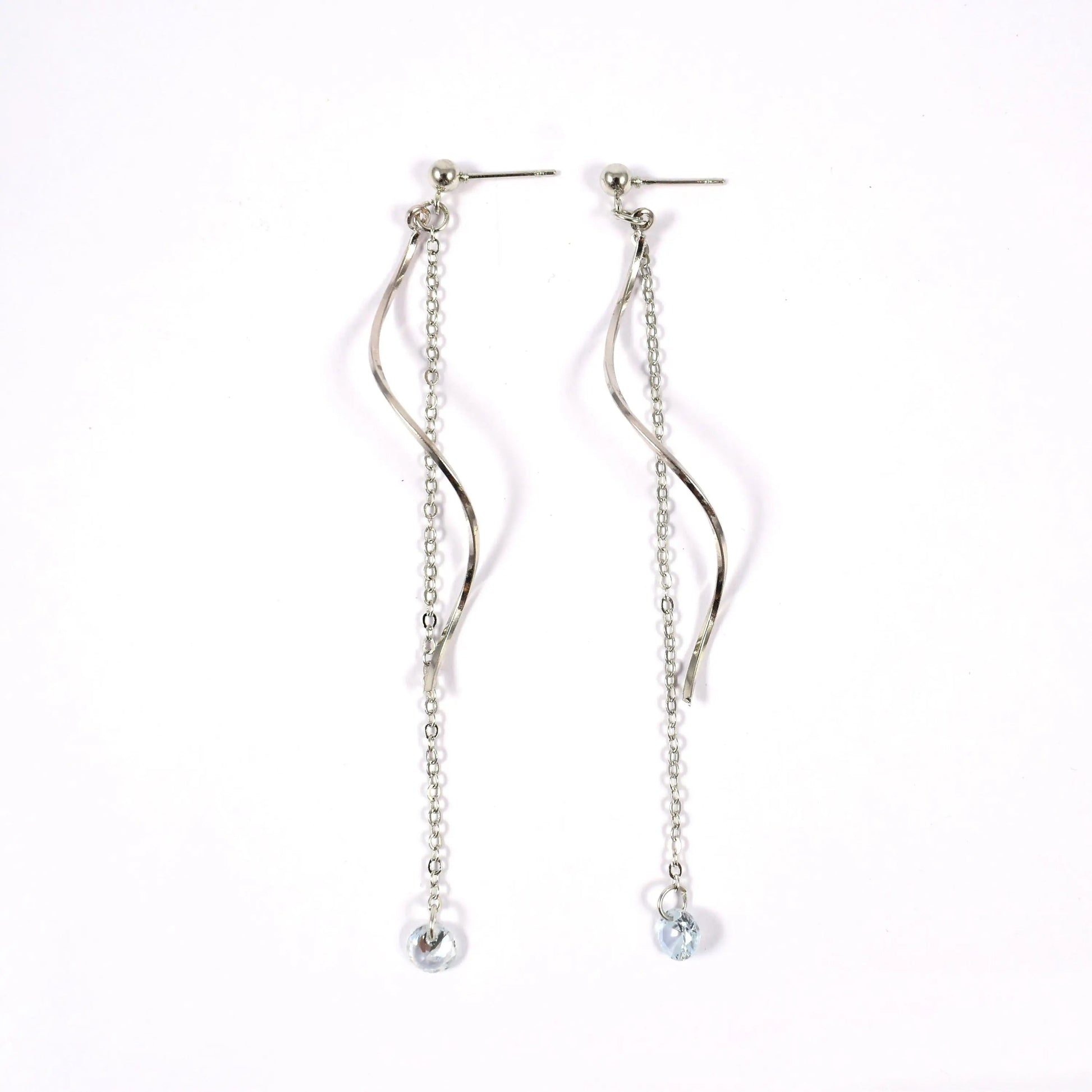 Silver Simple Wave Tassel Zircon Line Threader Earrings