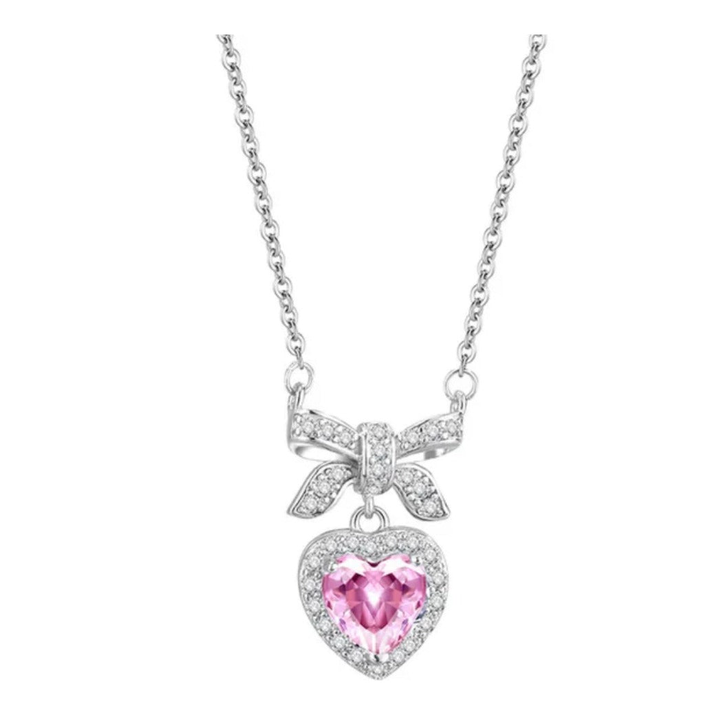 Silver Sweetheart Bow & Blush Necklace Salty