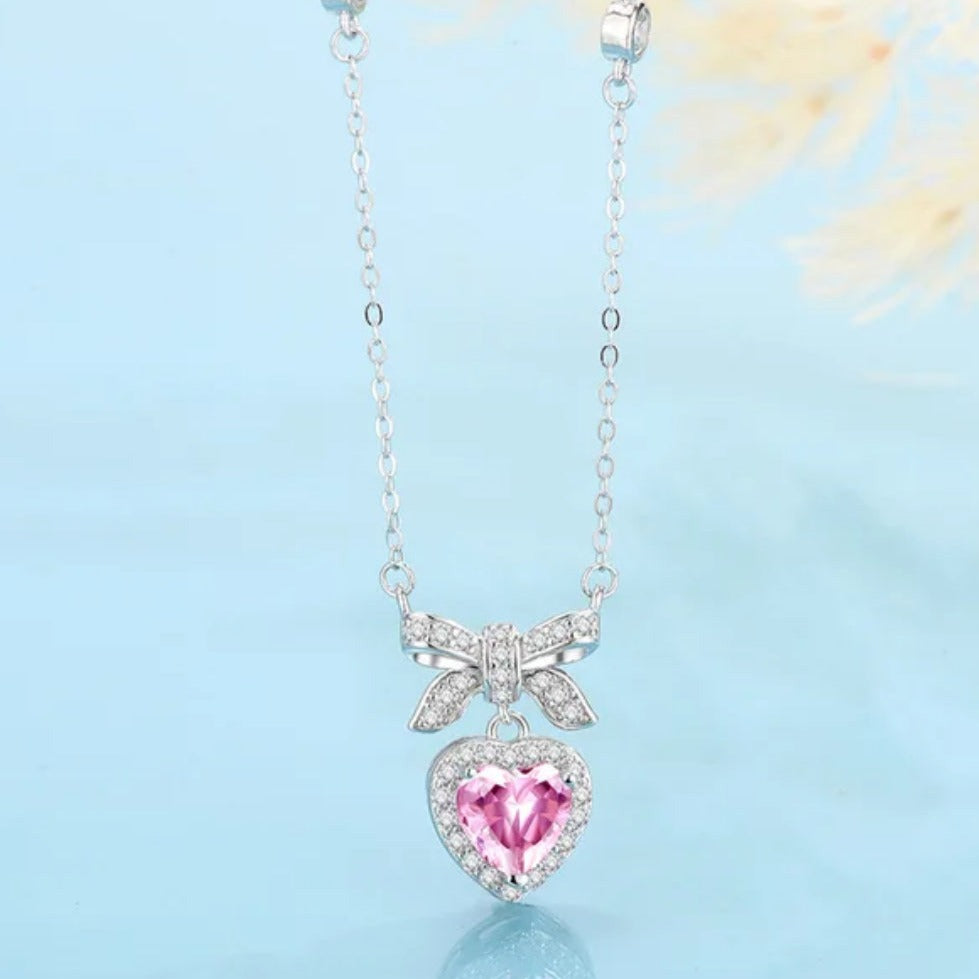 Silver Sweetheart Bow & Blush Necklace Salty