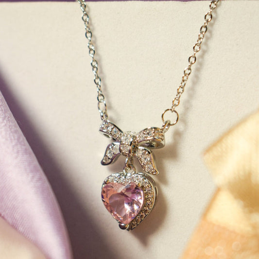 Silver Sweetheart Bow & Blush Necklace Salty