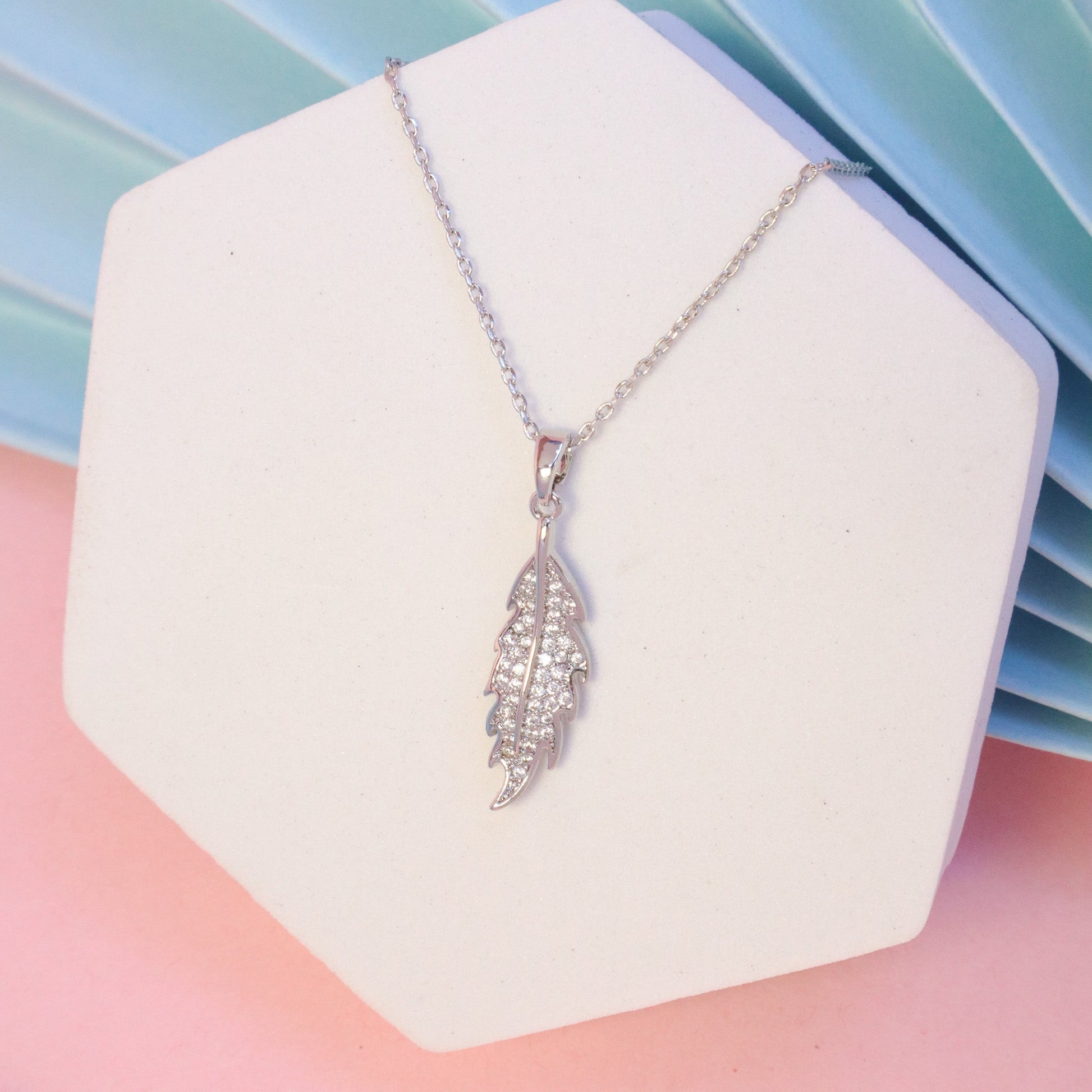 Small Leaf Crystal Necklace - Silver