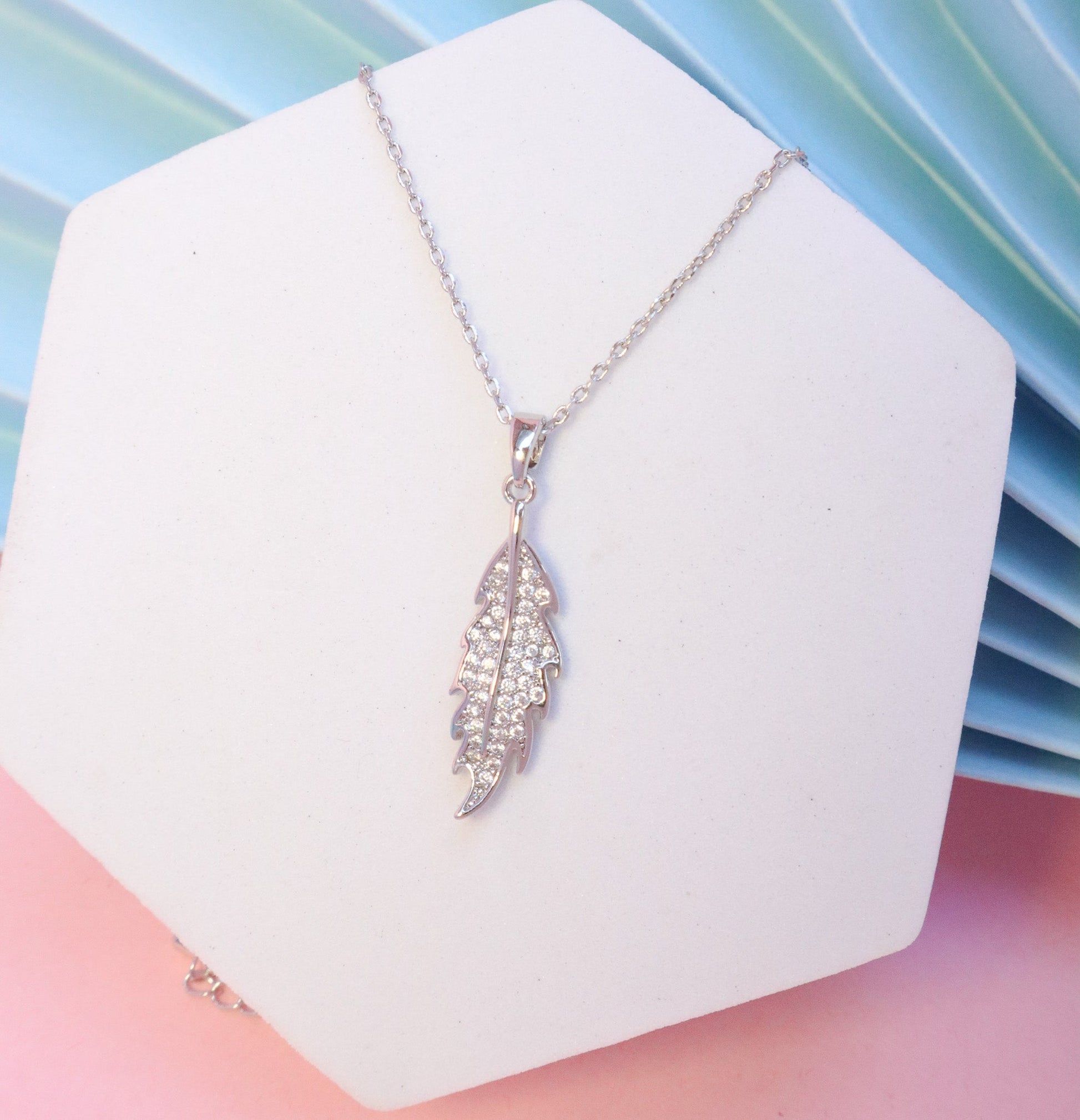 Small Leaf Crystal Necklace - Silver