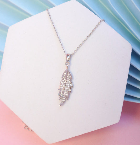 Small Leaf Crystal Necklace - Silver