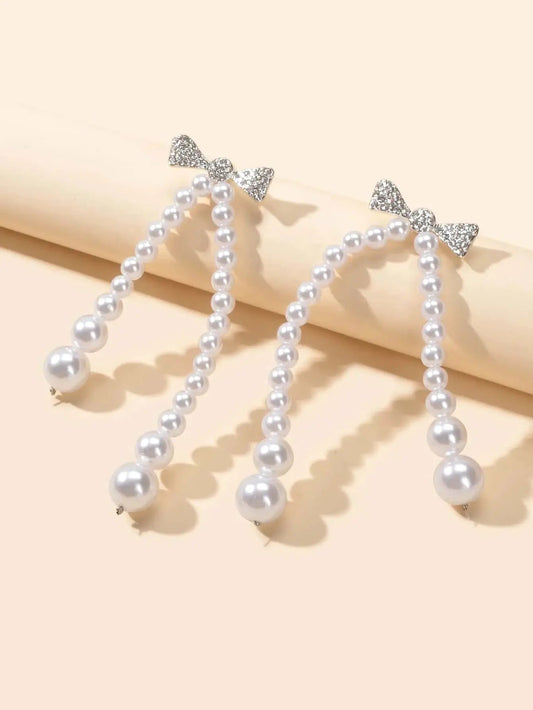 Sparkling Bow Pearl Drop Earrings