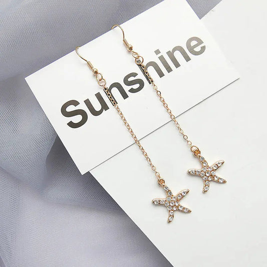 Starfish Chain Brass Plated Studded Tassel Drop Earrings