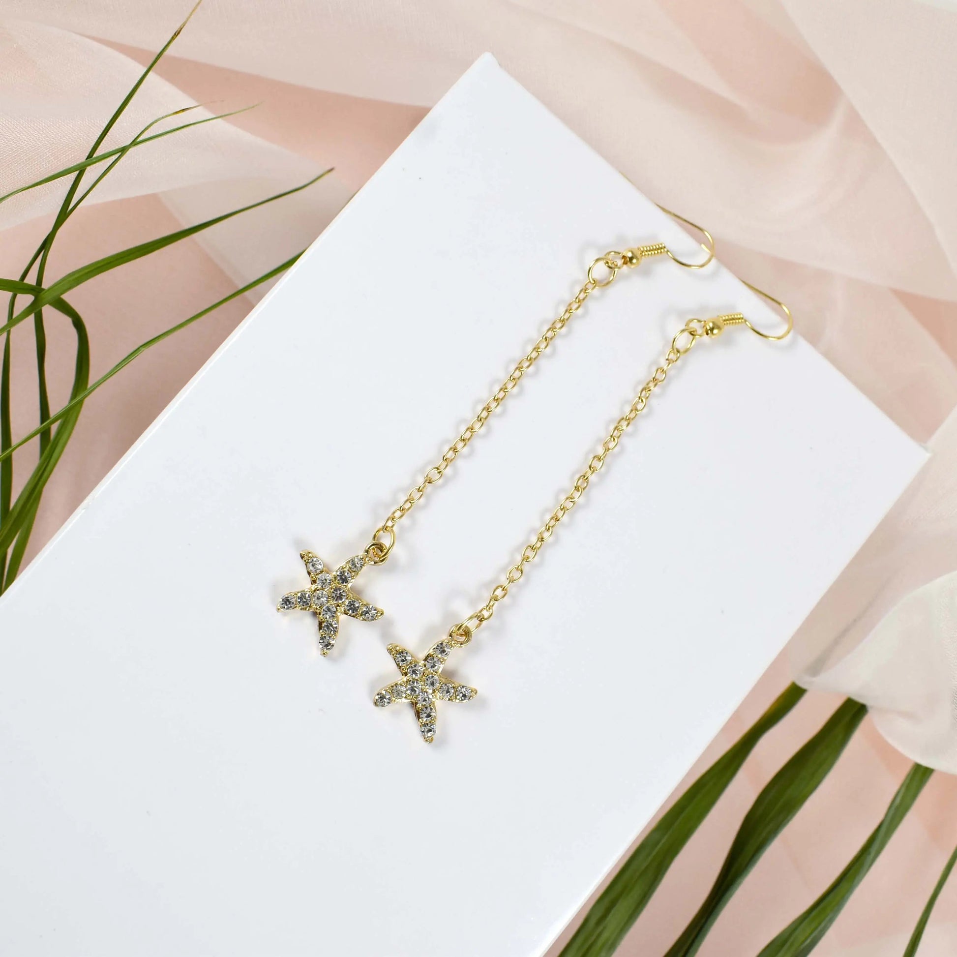 Starfish Chain Brass Plated Studded Tassel Drop Earrings