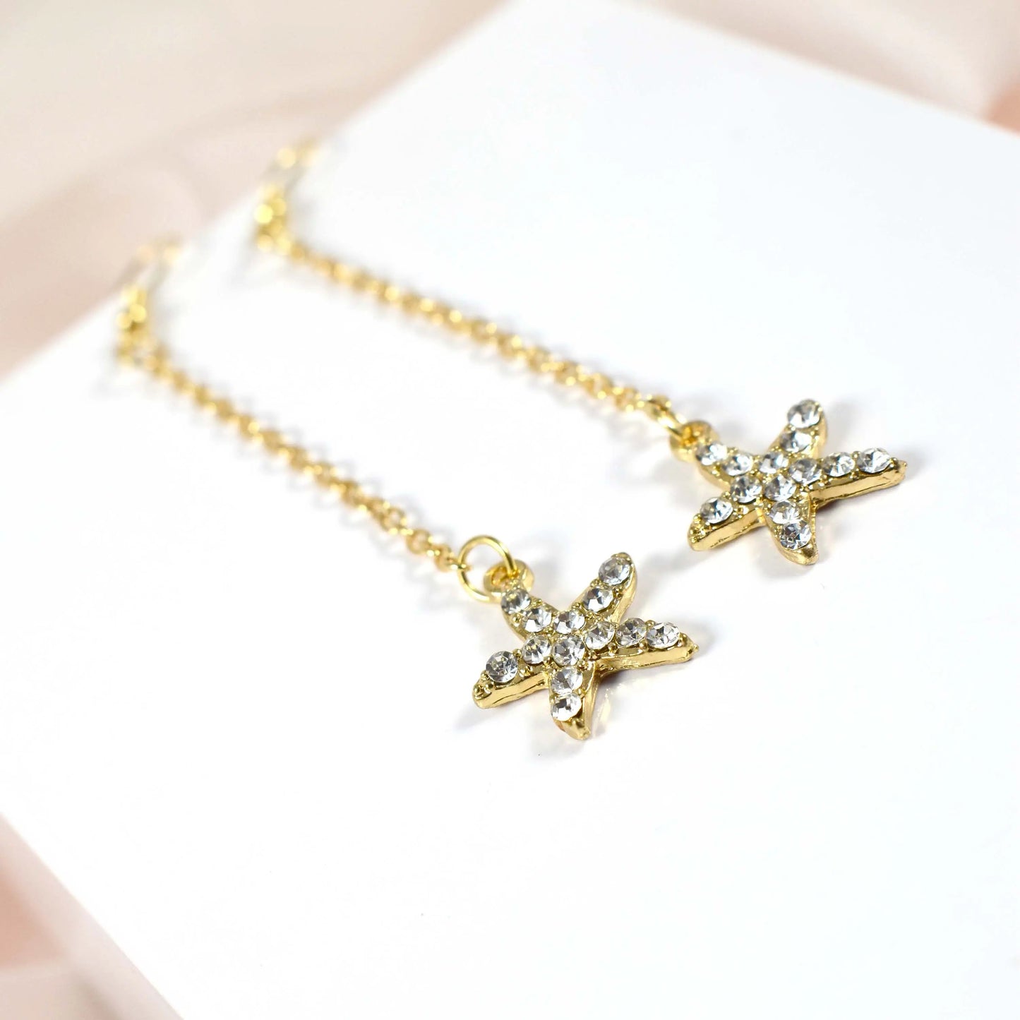 Starfish Chain Brass Plated Studded Tassel Drop Earrings