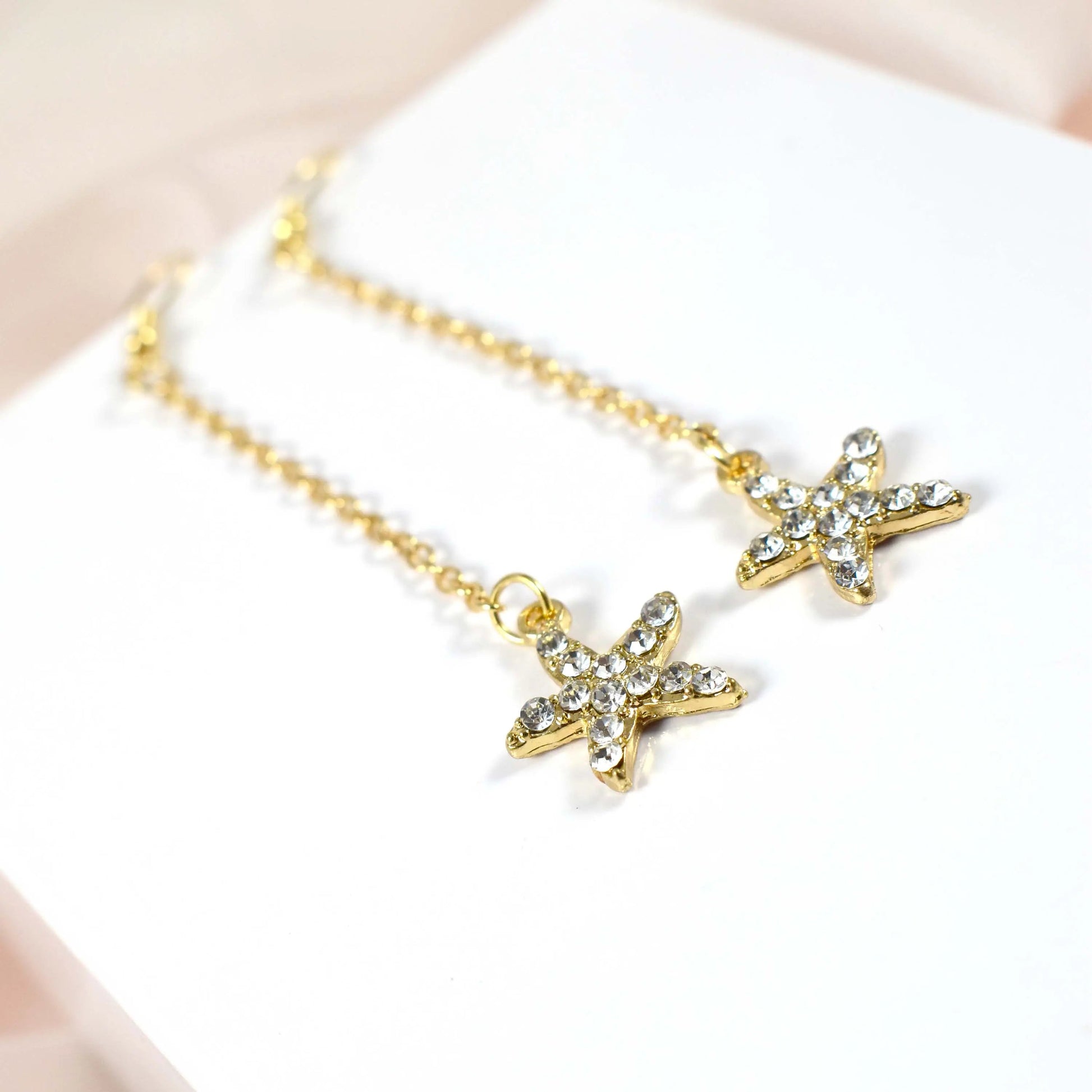 Starfish Chain Brass Plated Studded Tassel Drop Earrings