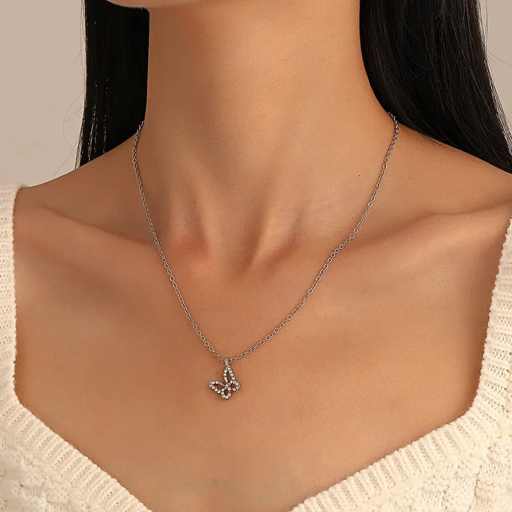 Studded Butterfly Silver Necklace