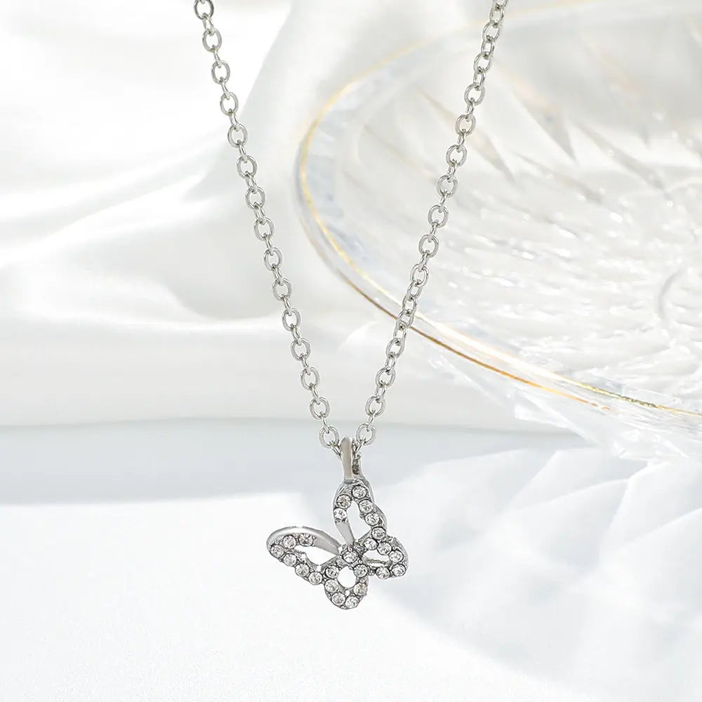 Studded Butterfly Silver Necklace