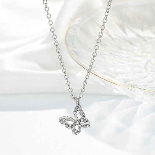 Studded Butterfly Silver Necklace