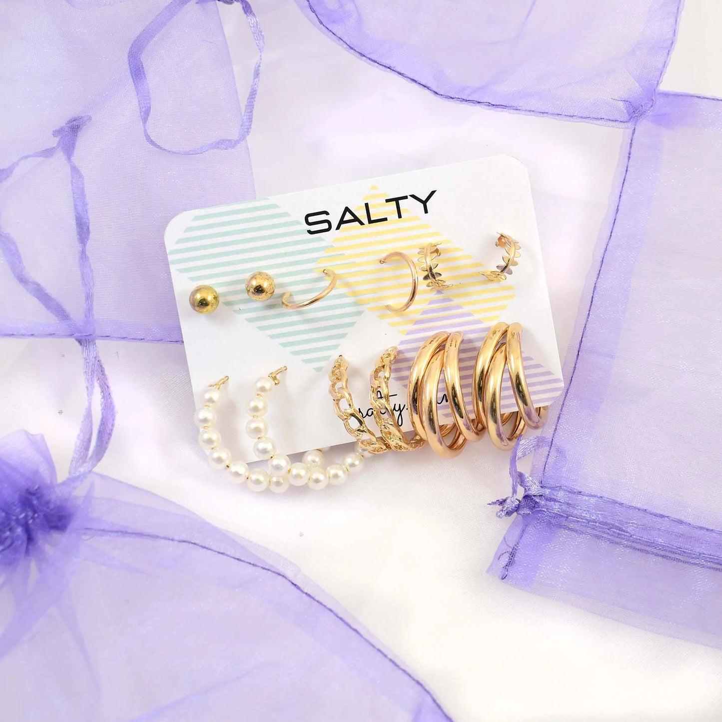 Set of 6 Quirky Minimalist Gold Pearl Hoops and Cuffs