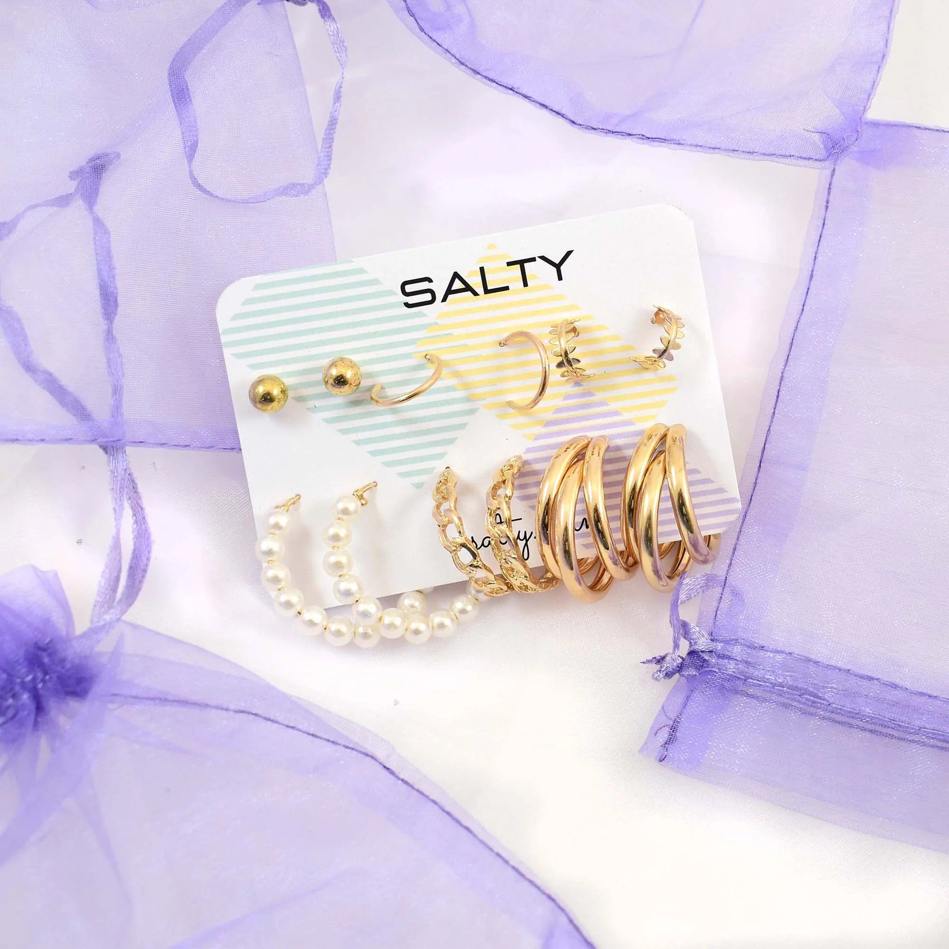 Set of 6 Quirky Minimalist Gold Pearl Hoops and Cuffs