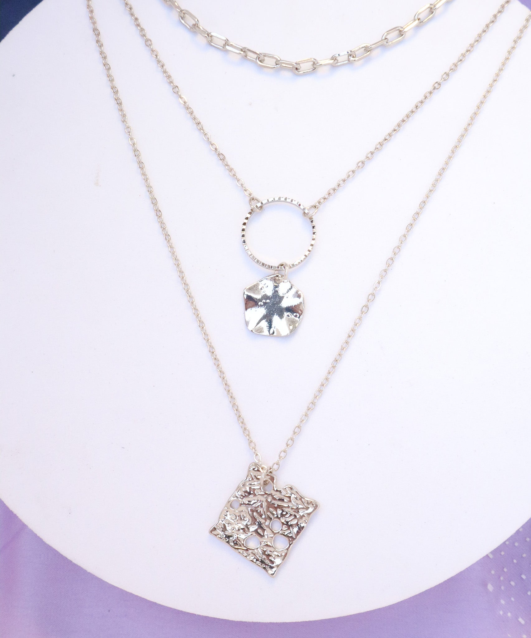 Three Layered Copper Square Round Necklace