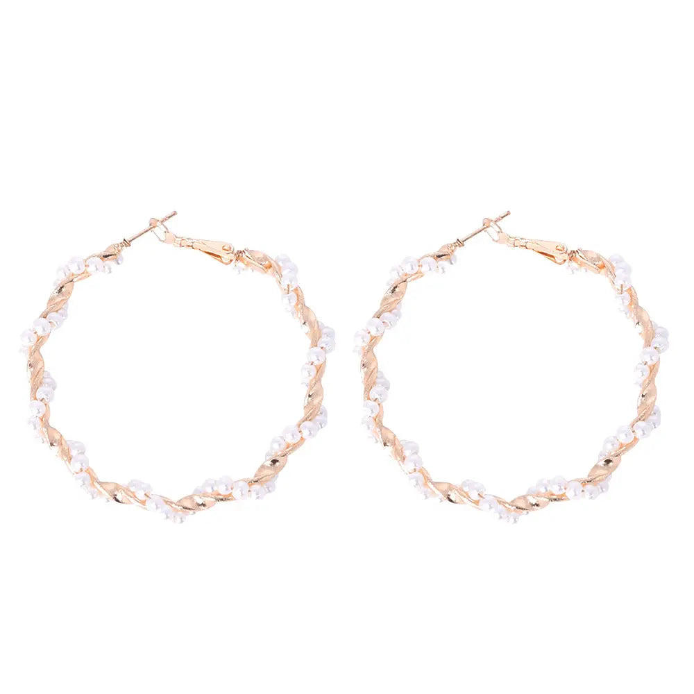 White Pearl Twisted Gold Hoop Earrings