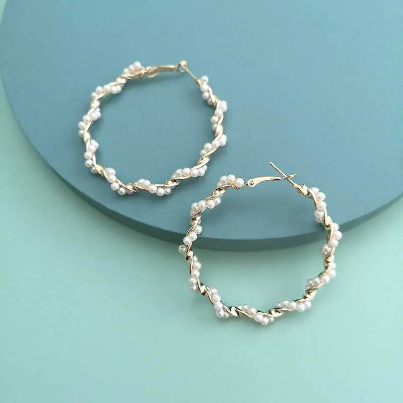 White Pearl Twisted Gold Hoop Earrings