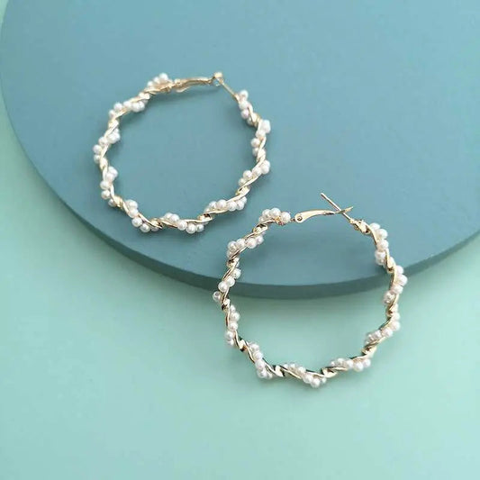 White Pearl Twisted Gold Hoop Earrings