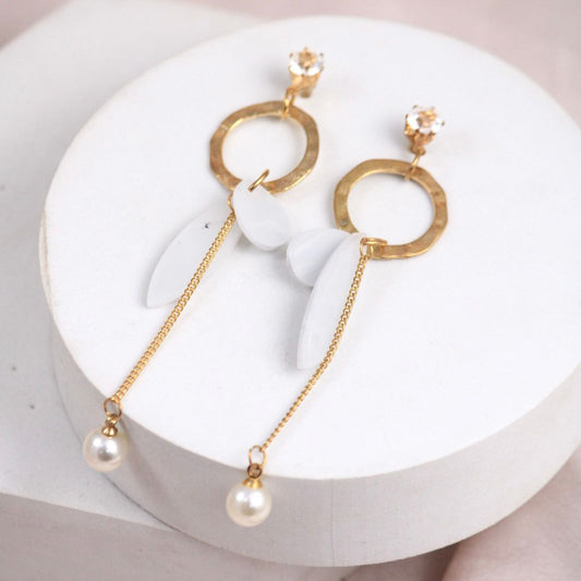 Windchime Acrylic Wings Pearl Drop Gold Earrings