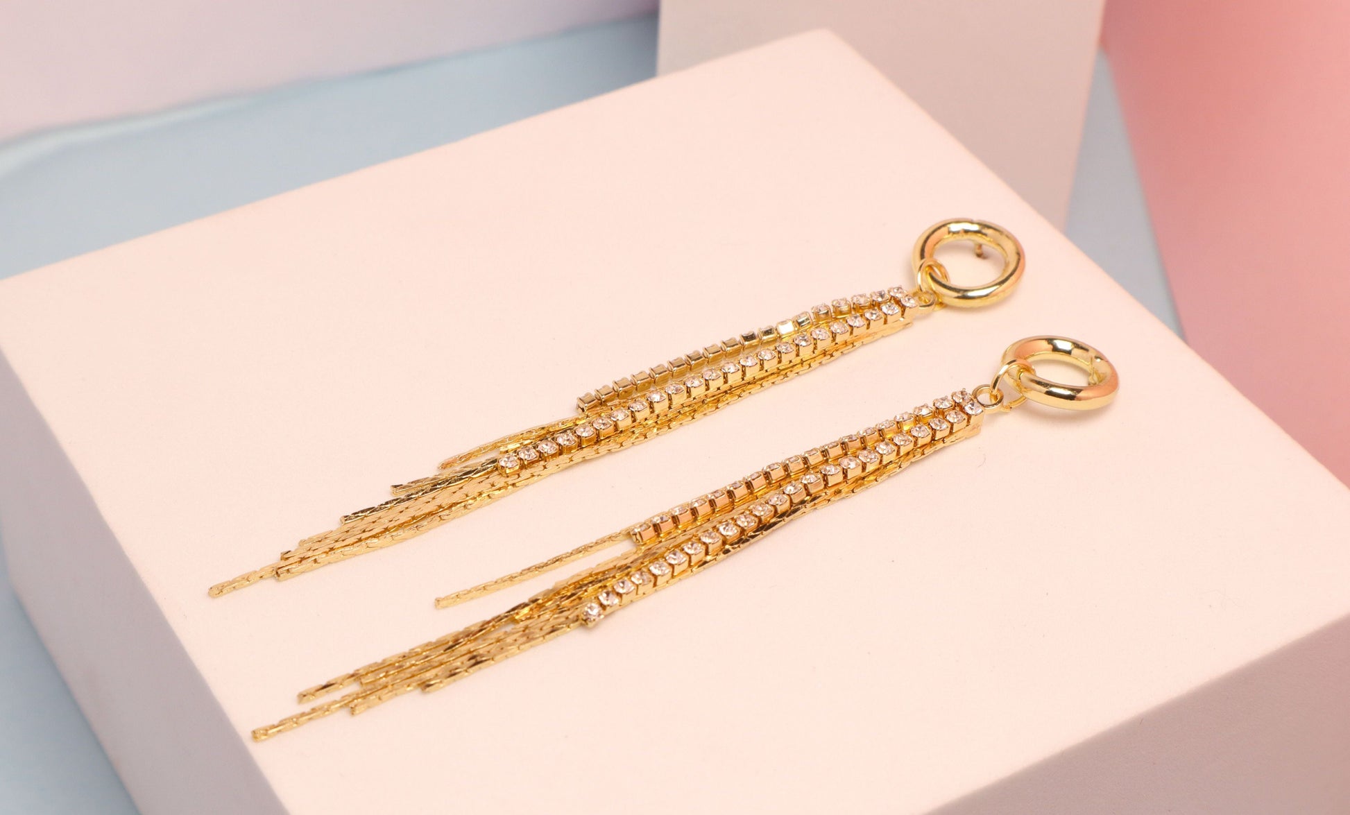 Zirconia Line Tassel Earrings